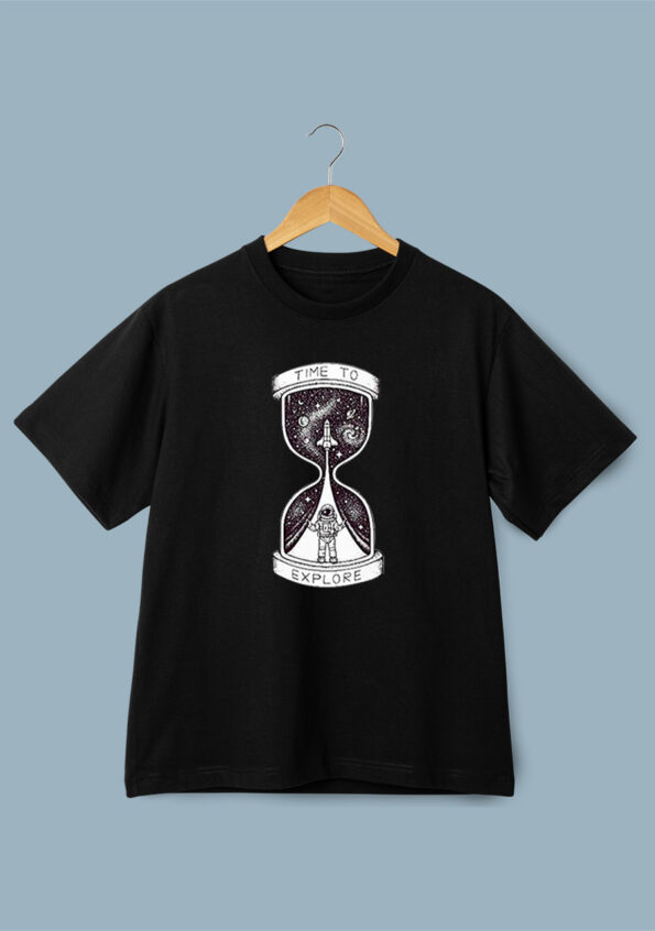 Time to Explore Printed Oversized Black T-Shirt for Men 1
