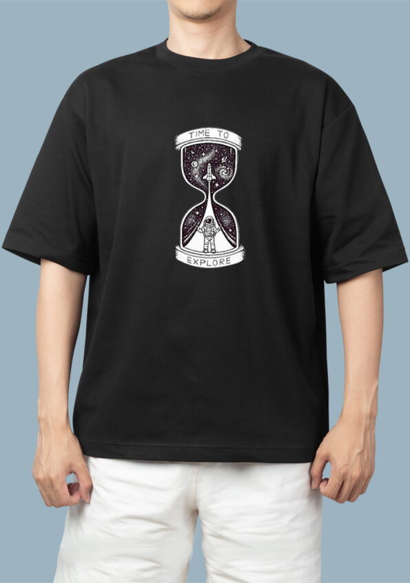 Time to Explore Printed Oversized Black T-Shirt for Men